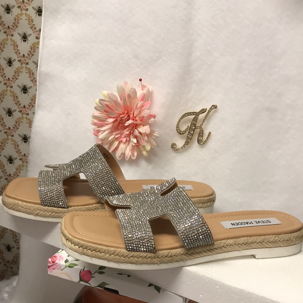 Hermes look Bling designer sparkle Sandals espadrille Steve Madde w stones Sz 9